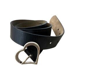 Vintage Black Leather Belt Heart Buckle Silver XL 46" Wide